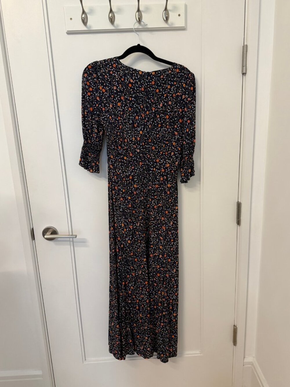 Jigsaw Navy Floral Midi Dress Orange Print Smocked Cuffs Size 2